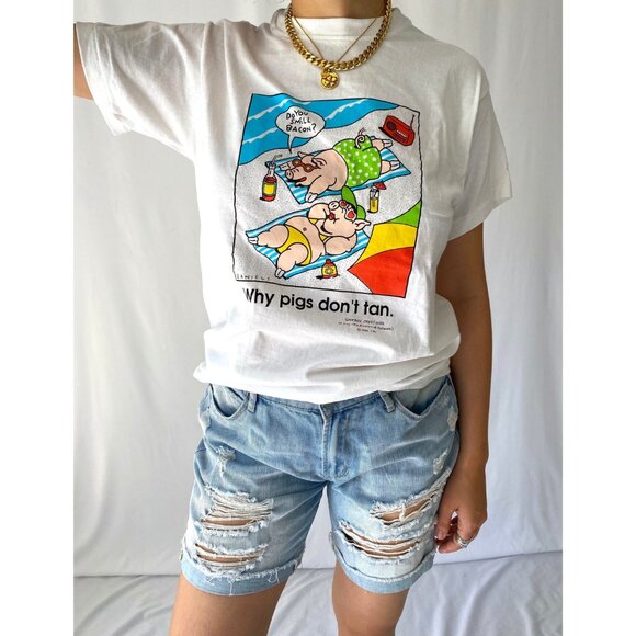 90s vintage funny beach vacation pigs graphic novelty fun humor cotton tee shirt - Picture 4 of 7